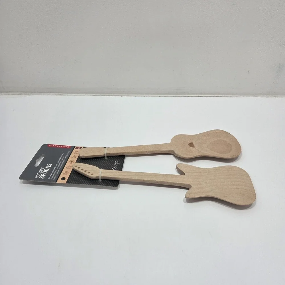 New Rockin' Spoons Guitar Serving Kitchen Utensils Set of 2 Kikkerland Beechwood